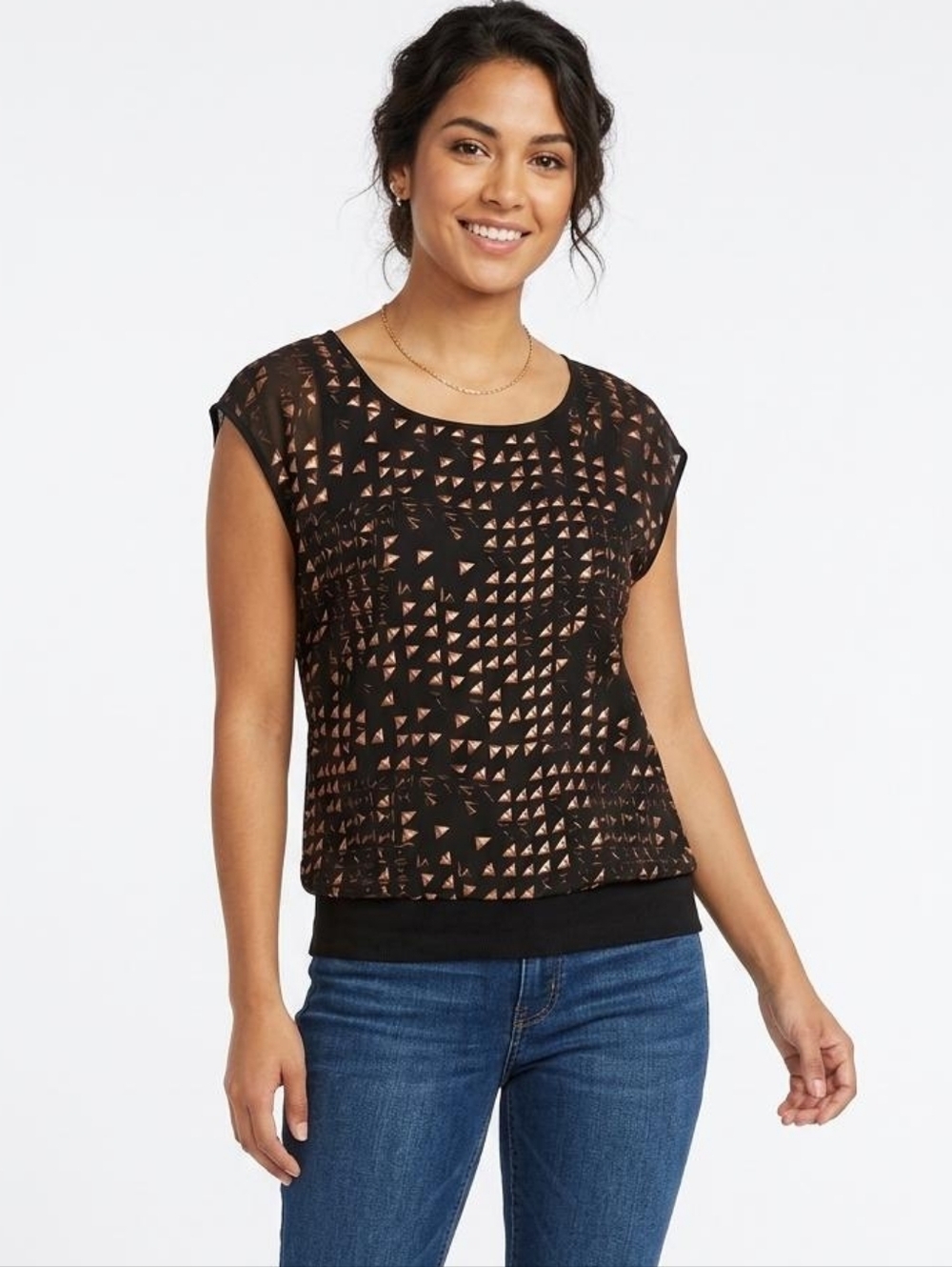 Worthington Black Sleeveless Top with Tan Geometric Print